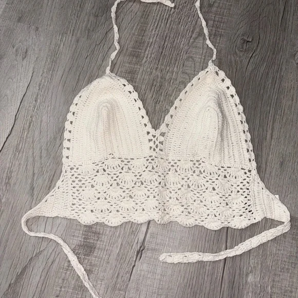 Cream Crochet Backless Crop Top with Tie Front - Picture 1 of 2